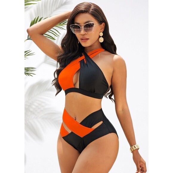 women's bikini swimsuit 2 pcs High Waisted Orange black Color Block Bikini XL - Picture 1 of 8